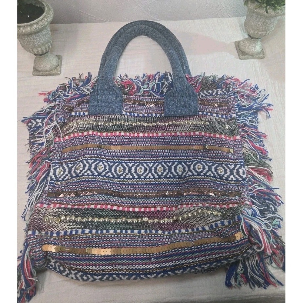 Oversized Woven Tote Bag Blue NEW Cotton‎ Braided Fringe Tassels Dual Straps